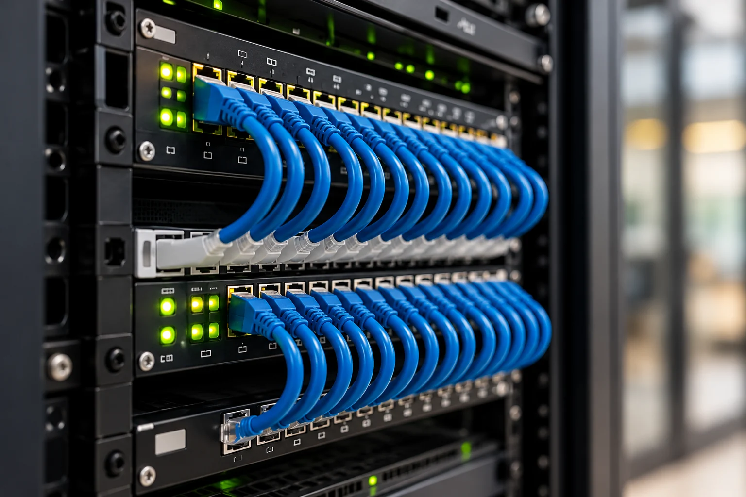 Business network switches with neatly arranged blue Ethernet cables
