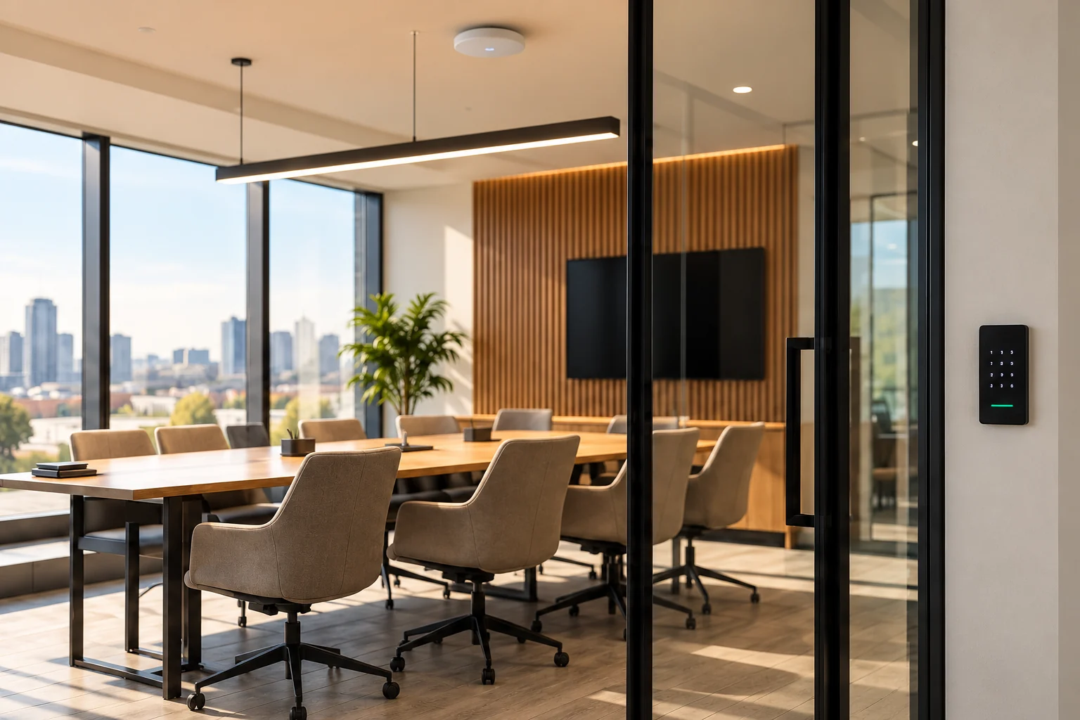 Modern meeting room with connected lighting and secure entry