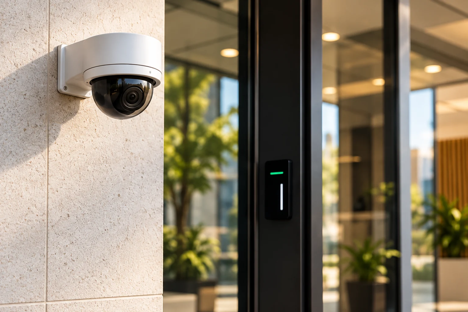Dome security camera beside an office entrance and access reader
